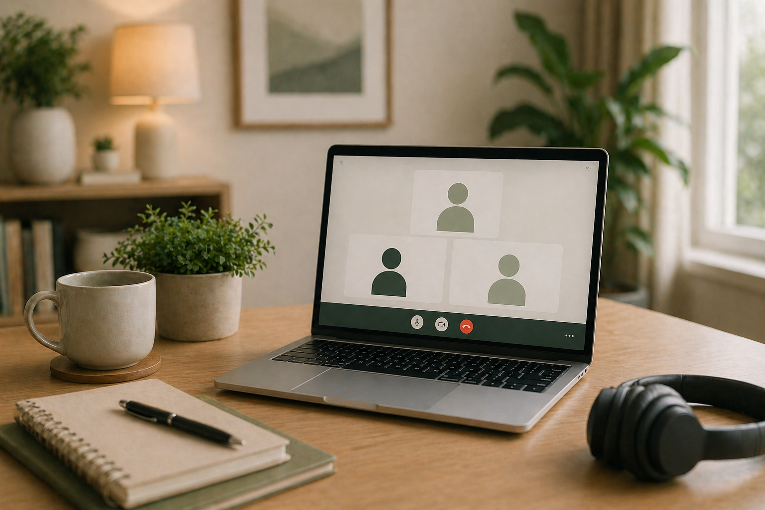 Illustration of an online mediation session, showing two individuals participating in a video call with a mediator to discuss family issues remotely.
